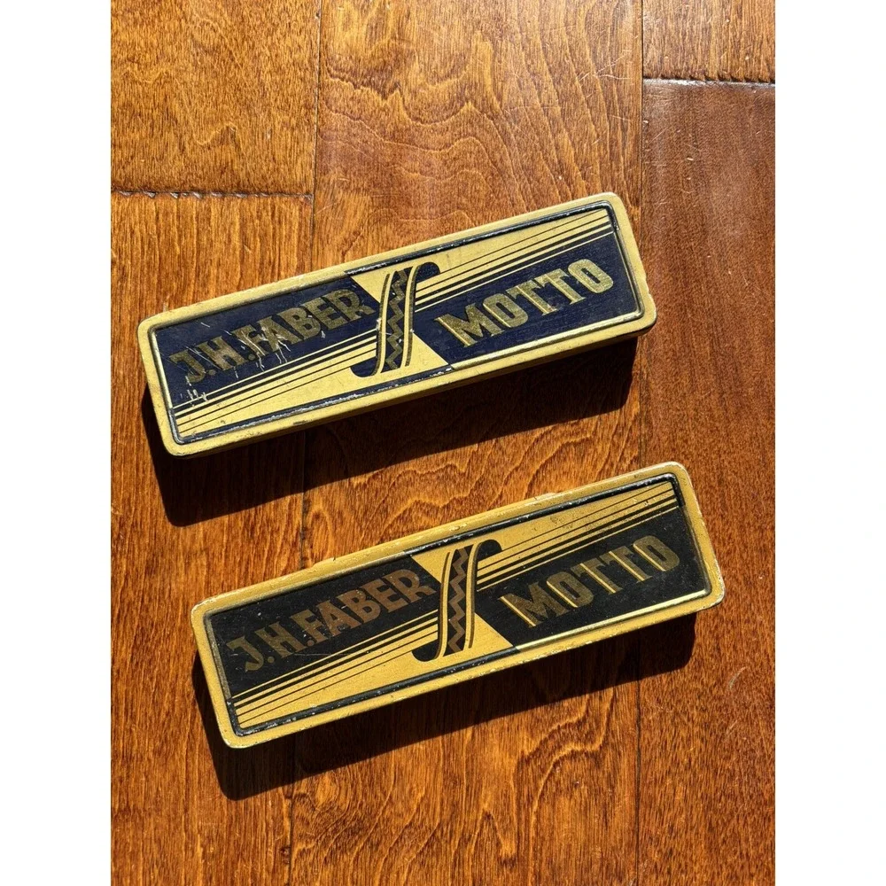 J H Faber Motto Pencil Tin Boxes ANTIQUE 1920s Set Of 2